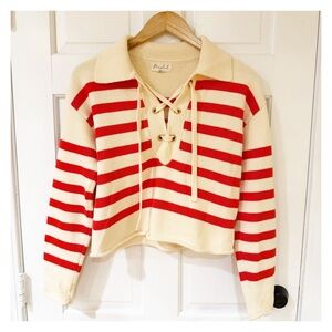Marled Red & Cream Lace-Up Sweater – XS